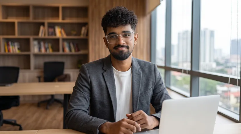 Pankaja Balasooriya, seated at a desk with a laptop.